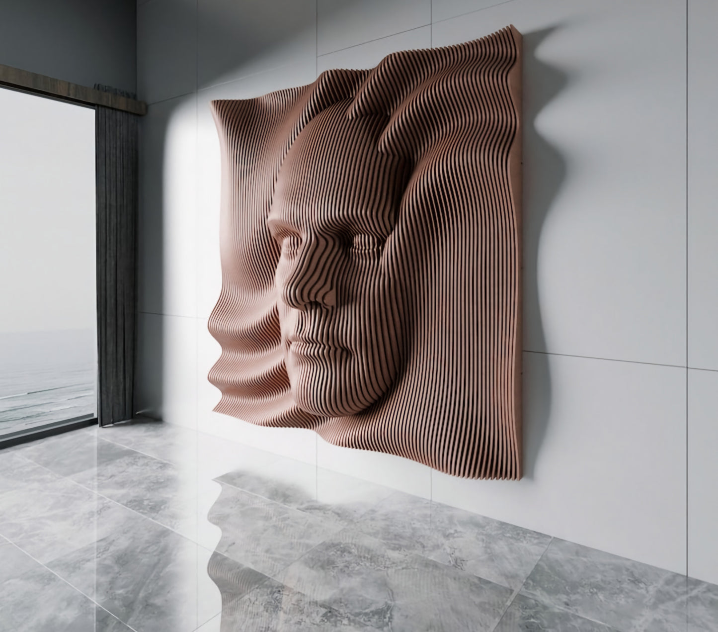 Escultura de pared con rostro humano en 3D